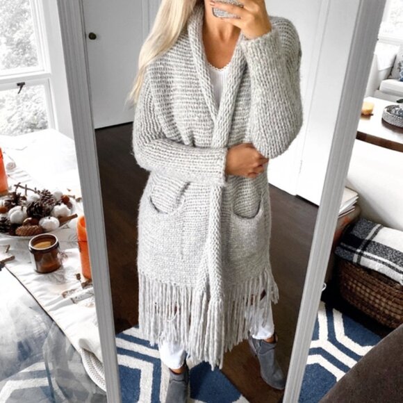 Raquel Allegra Gray Fringe Boho Alpaca Cardigan Chunky Sweater Size 1 / Small - Picture 11 of 11